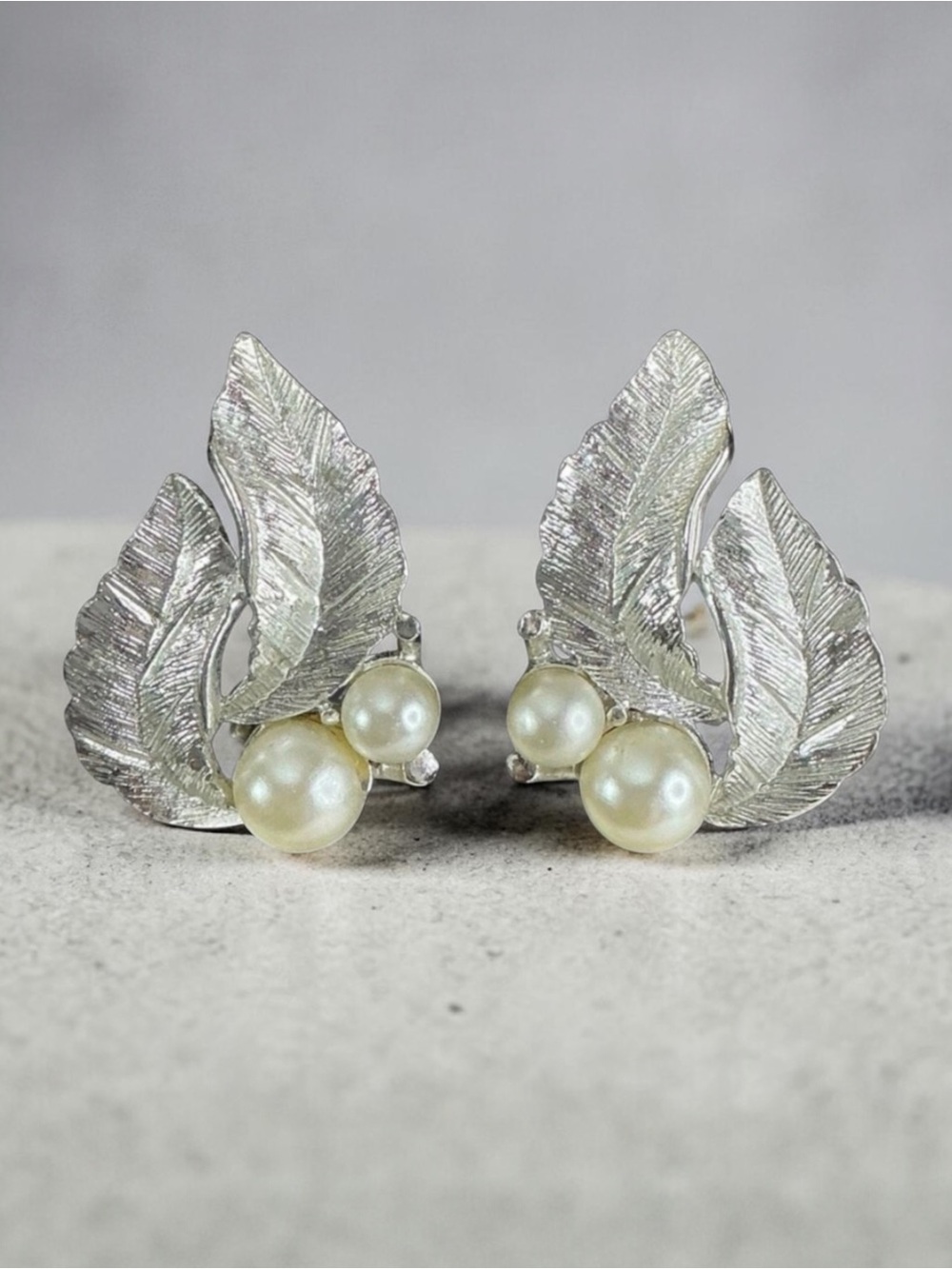Sarah Coventry Silvery Splendor Faux Pearl and Leaf Earrings